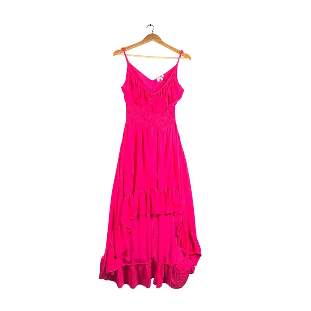 Three Hearts Hot Pink Ruffle High Low Maxi Dress Juniors S Smocked Boho Sundress